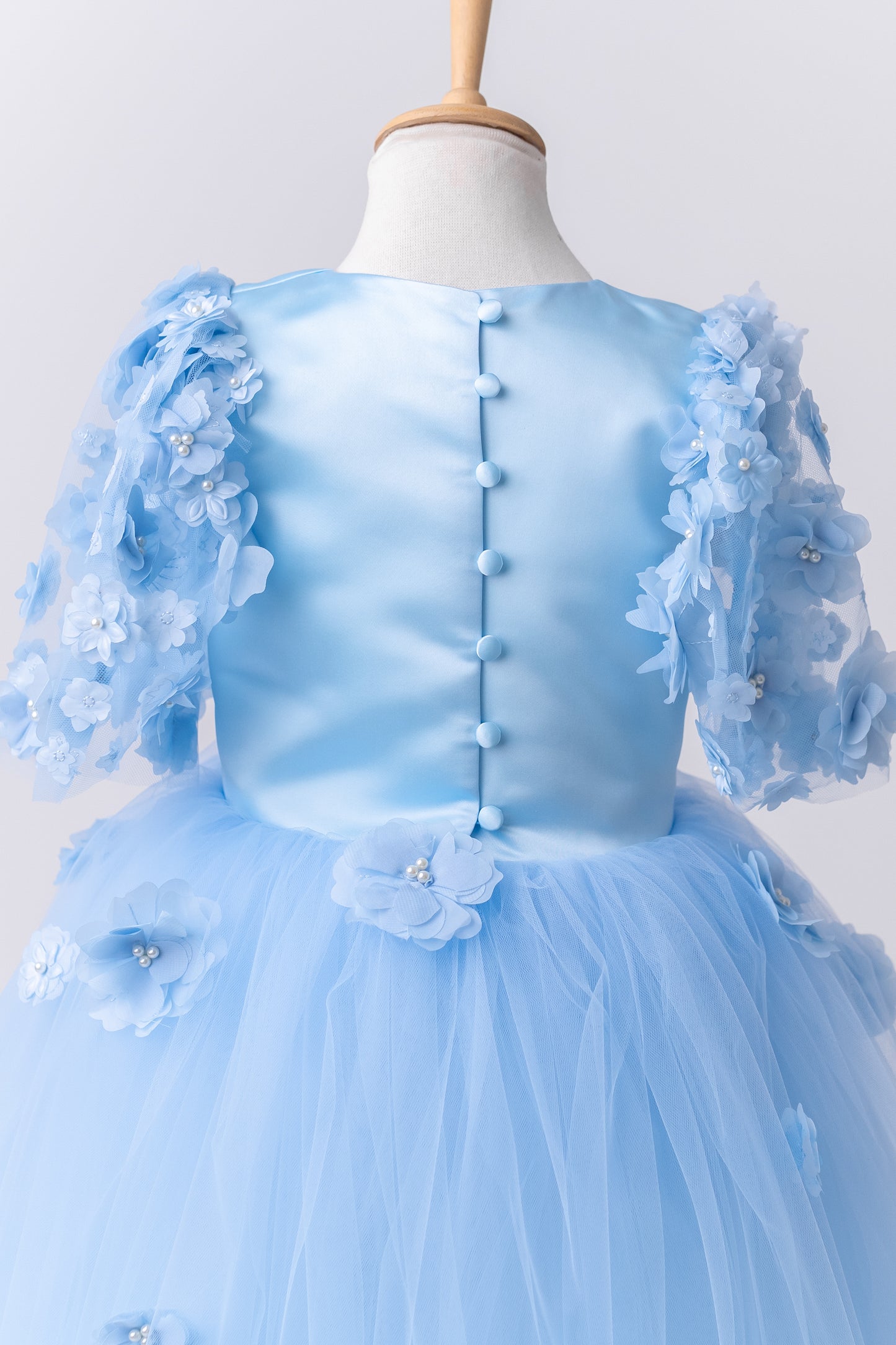 Baby Blue Satin Flower Girl Dress with Flower Hairbow - Personalized Wedding Gown for Girls