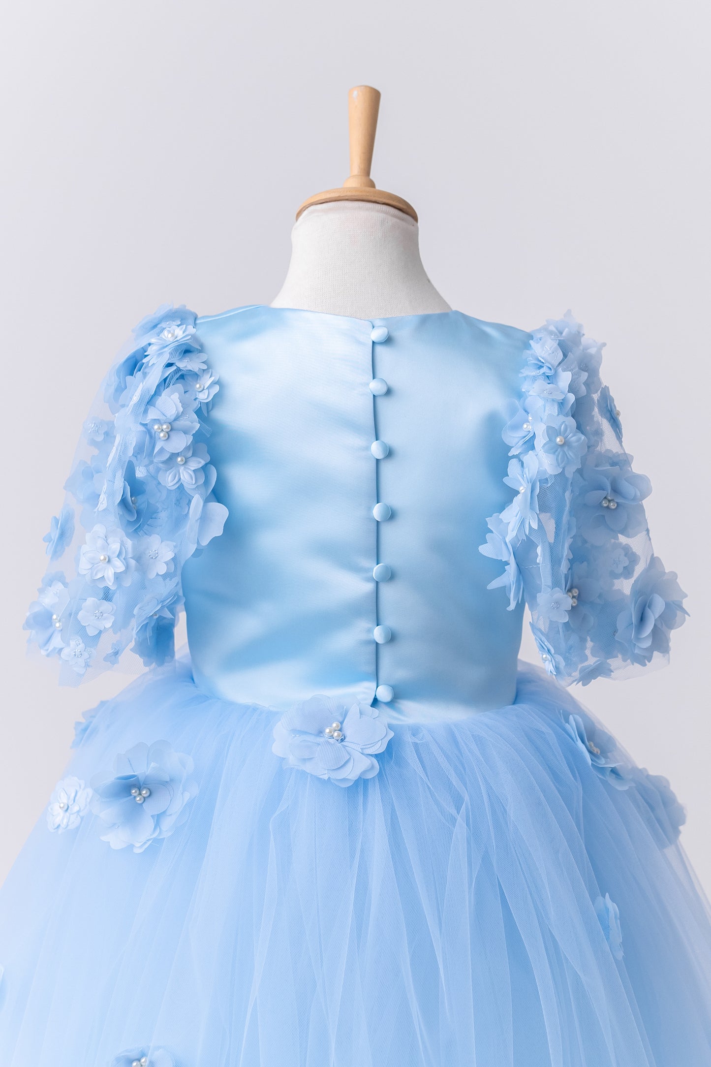 Baby Blue Satin Flower Girl Dress with Flower Hairbow - Personalized Wedding Gown for Girls