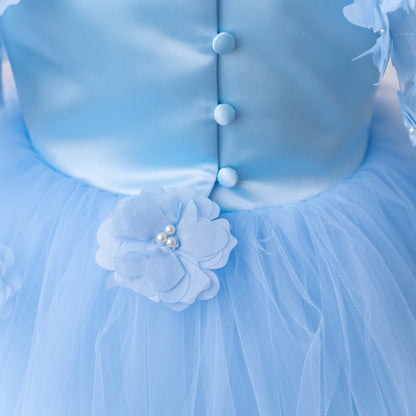 Baby Blue Satin Flower Girl Dress with Flower Hairbow - Personalized Wedding Gown for Girls