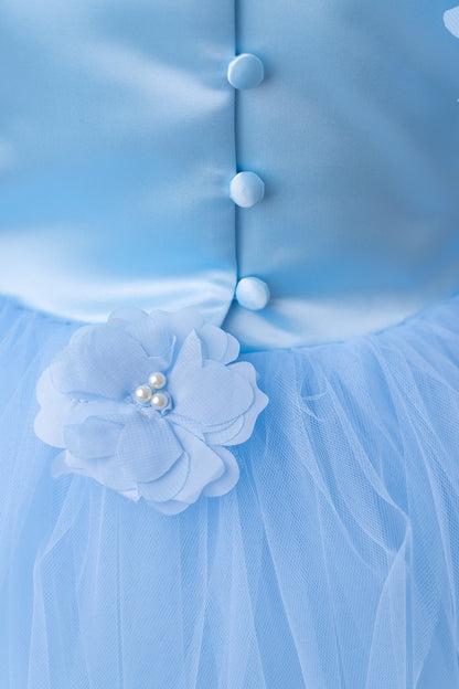 Baby Blue Satin Flower Girl Dress with Flower Hairbow - Personalized Wedding Gown for Girls