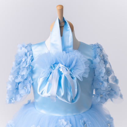 Baby Blue Satin Flower Girl Dress with Flower Hairbow - Personalized Wedding Gown for Girls