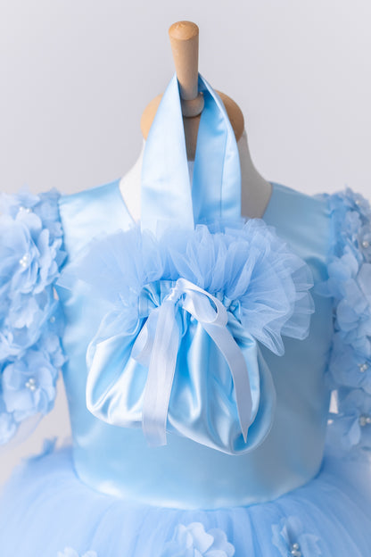 Baby Blue Satin Flower Girl Dress with Flower Hairbow - Personalized Wedding Gown for Girls