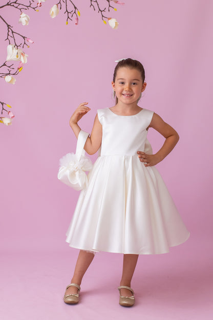 Ivory Satin Flower Girl Dress: V-Back Wedding Gown with Bow