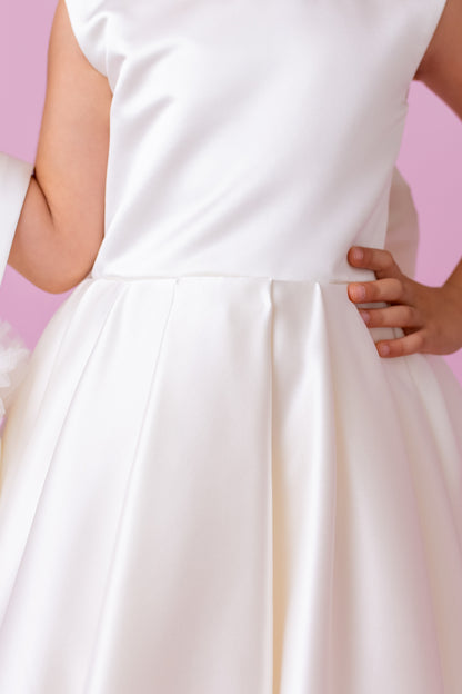 Ivory Satin Flower Girl Dress: V-Back Wedding Gown with Bow