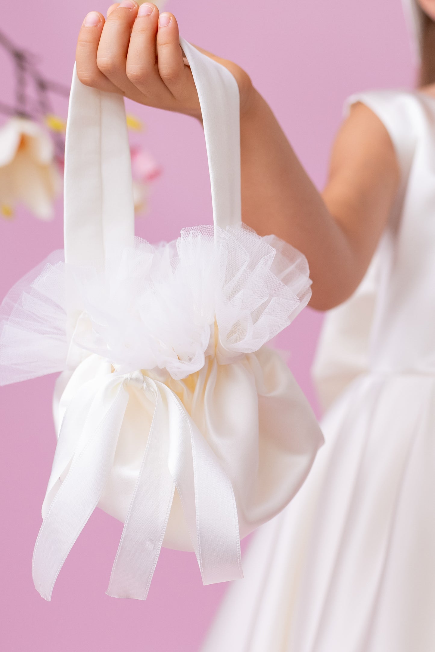 Ivory Satin Flower Girl Dress: V-Back Wedding Gown with Bow