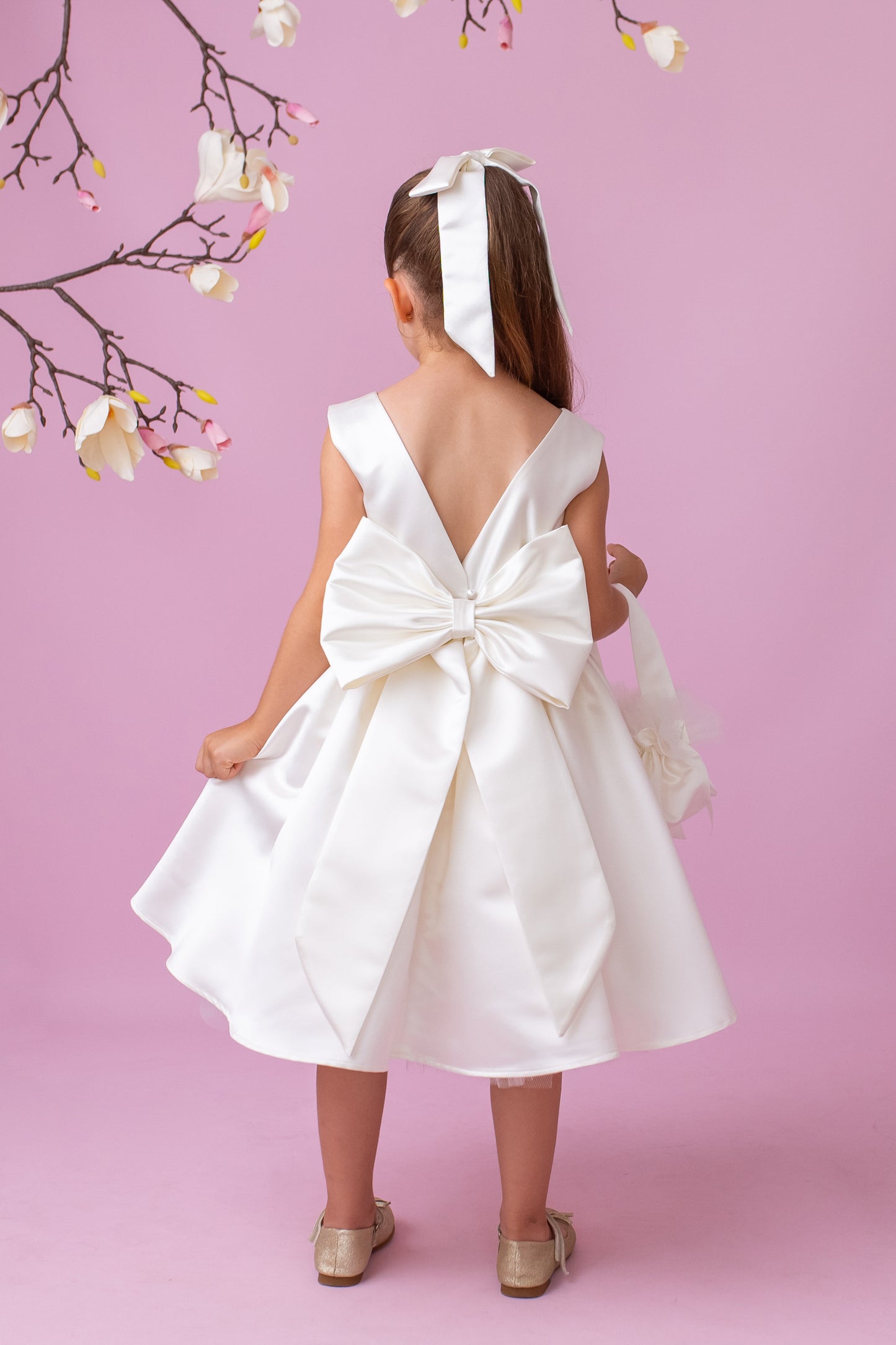 Ivory Satin Flower Girl Dress: V-Back Wedding Gown with Bow