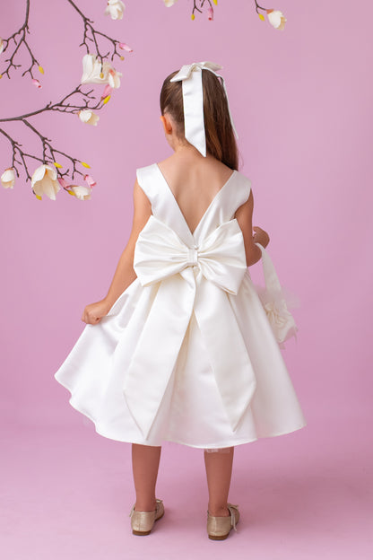 Ivory Satin Flower Girl Dress: V-Back Wedding Gown with Bow