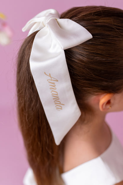 Ivory Satin Flower Girl Dress: V-Back Wedding Gown with Bow