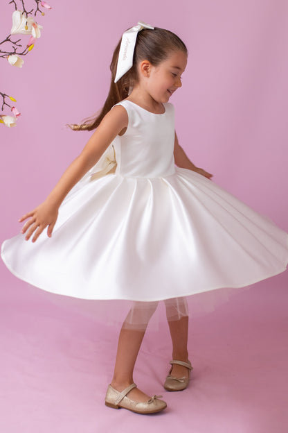 Ivory Satin Flower Girl Dress: V-Back Wedding Gown with Bow