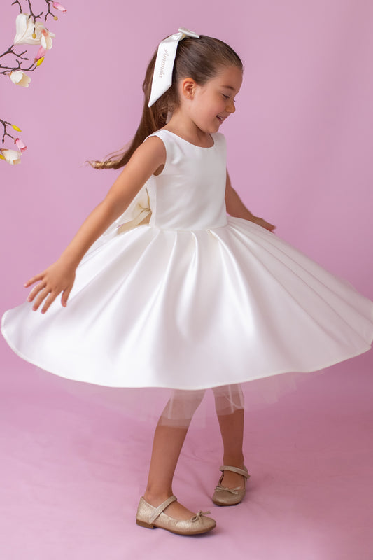 Ivory Satin Flower Girl Dress: V-Back Wedding Gown with Bow