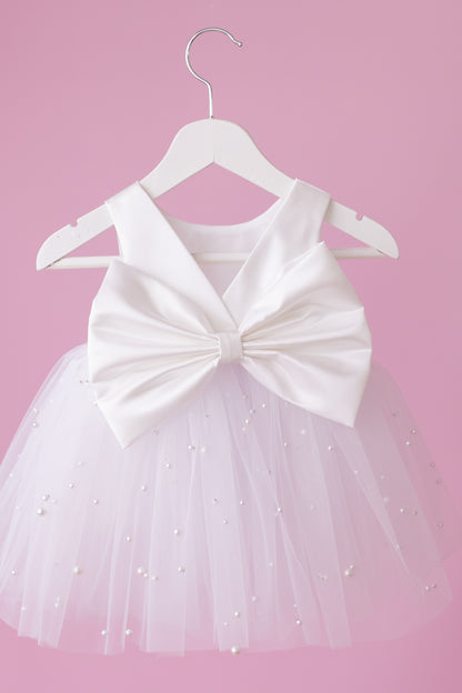 Pearl Tulle Flower Girl Dress: Satin Diaper Cover, Removable Bow