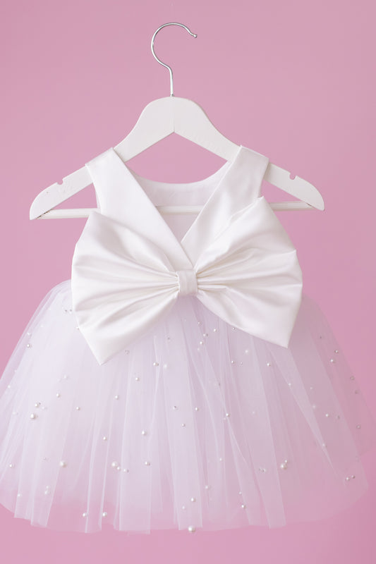 Pearl Tulle Flower Girl Dress: Satin Diaper Cover, Removable Bow