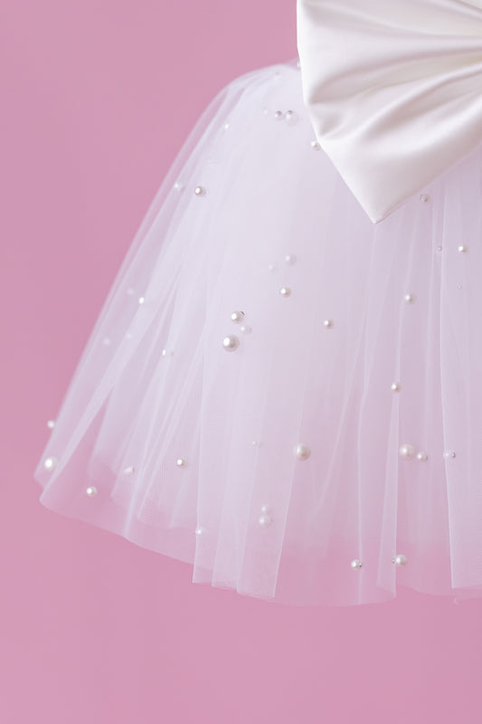 Pearl Tulle Flower Girl Dress: Satin Diaper Cover, Removable Bow