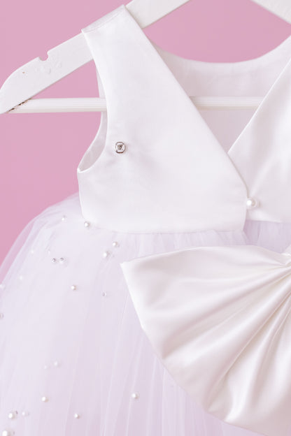 Pearl Tulle Flower Girl Dress: Satin Diaper Cover, Removable Bow