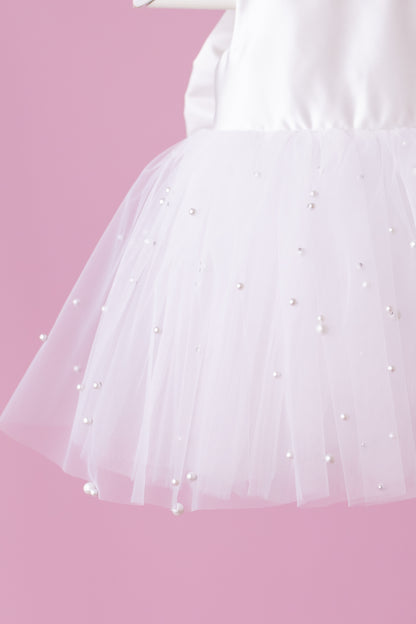 Pearl Tulle Flower Girl Dress: Satin Diaper Cover, Removable Bow