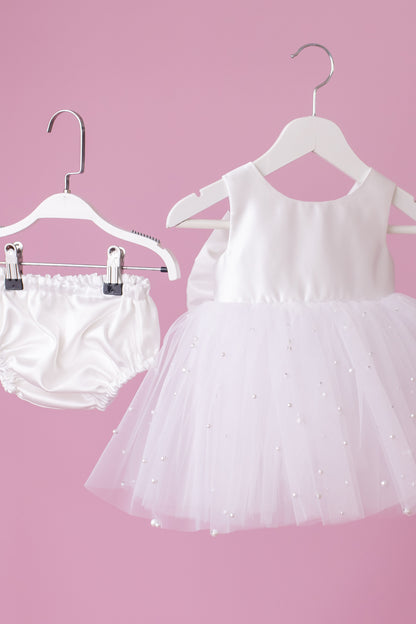Pearl Tulle Flower Girl Dress: Satin Diaper Cover, Removable Bow