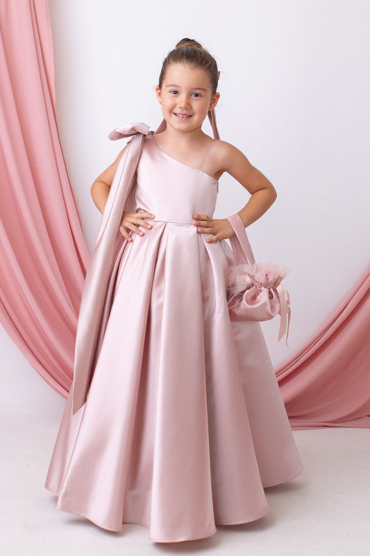Blush One-Shoulder Dress with Oversized Bow