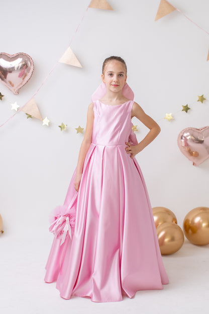 Pink Satin Flower Girl Dress Wedding Gown with Bow Tulle Bridesmaid Communion Formal