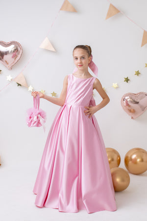 Pink Satin Flower Girl Dress with Oversized Back Bow