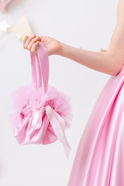 Pink Satin Flower Girl Dress Wedding Gown with Bow Tulle Bridesmaid Communion Formal