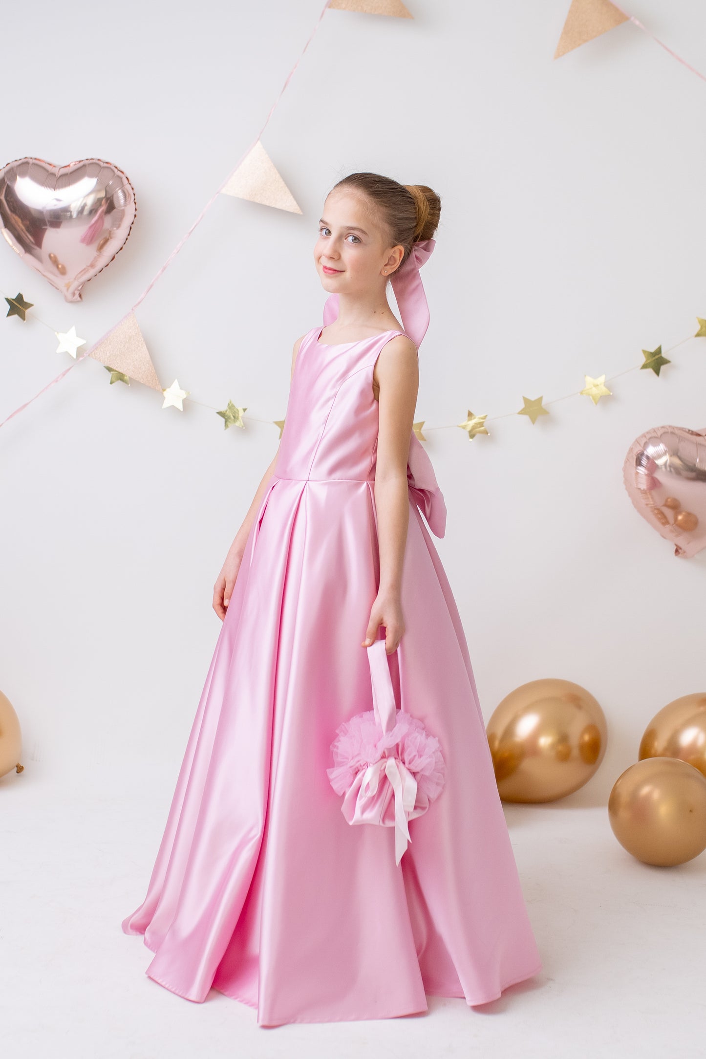Pink Satin Flower Girl Dress Wedding Gown with Bow Tulle Bridesmaid Communion Formal