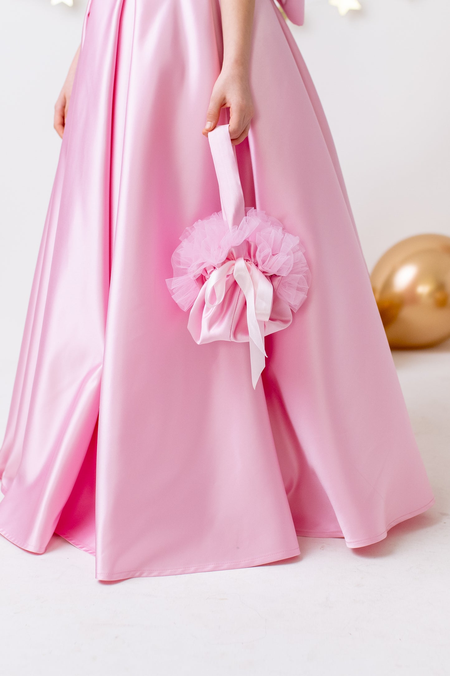 Pink Satin Flower Girl Dress Wedding Gown with Bow Tulle Bridesmaid Communion Formal