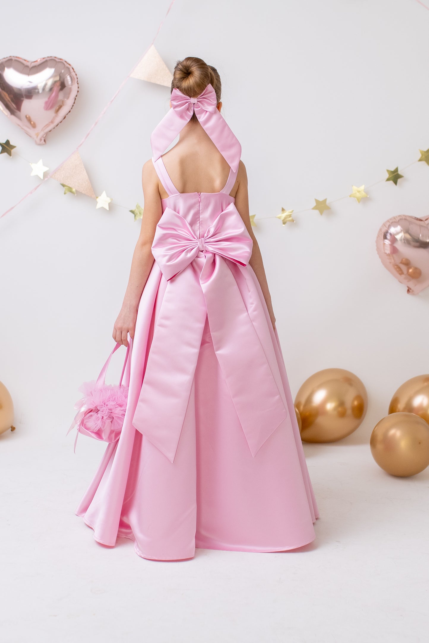 Pink Satin Flower Girl Dress Wedding Gown with Bow Tulle Bridesmaid Communion Formal