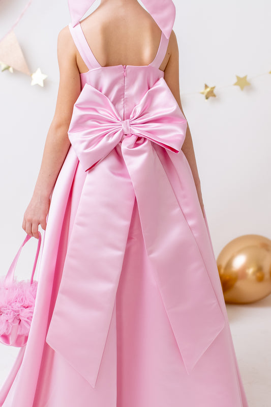 Pink Satin Flower Girl Dress Wedding Gown with Bow Tulle Bridesmaid Communion Formal