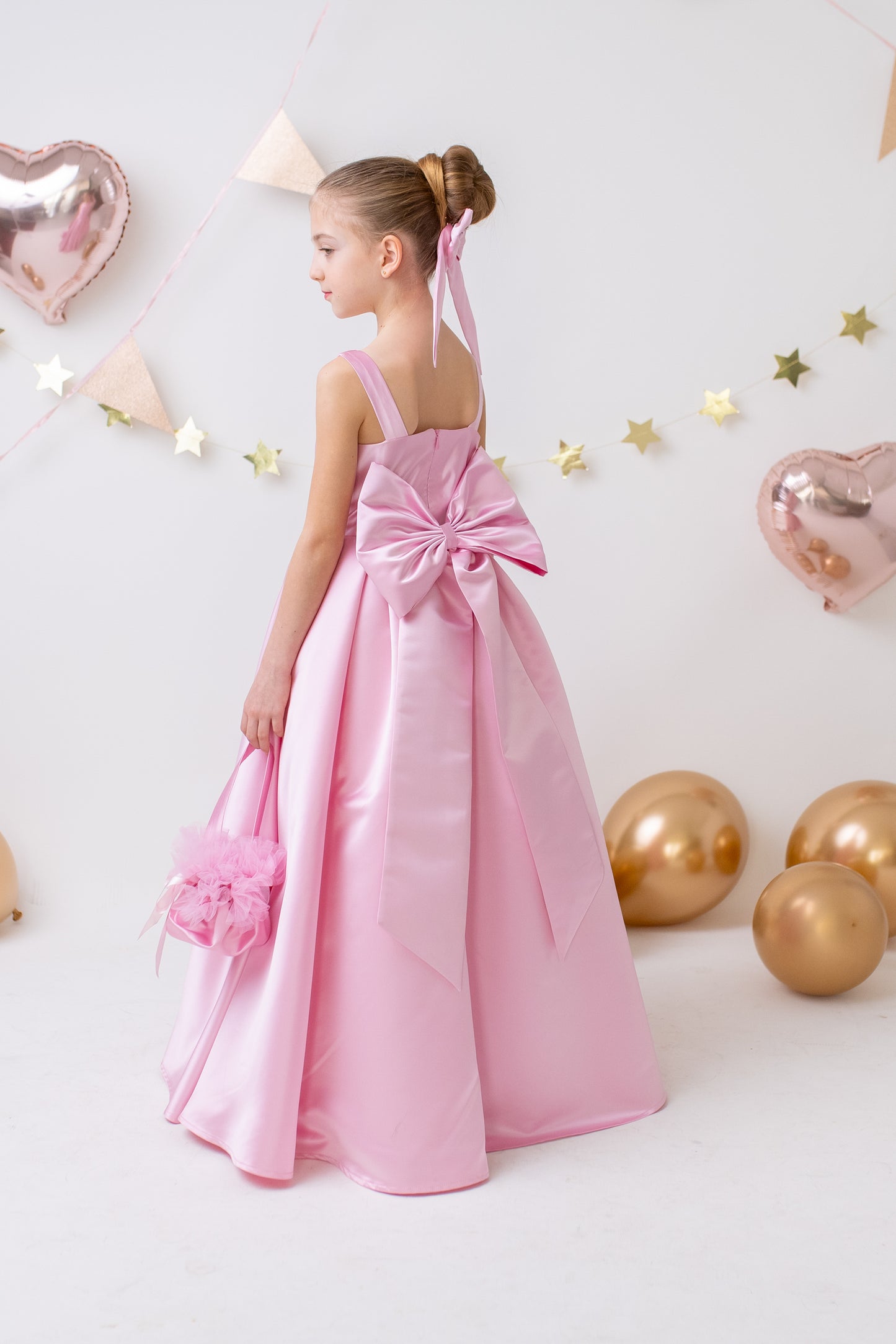 Pink Satin Flower Girl Dress Wedding Gown with Bow Tulle Bridesmaid Communion Formal