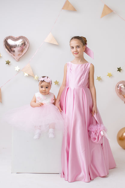 Pink Satin Flower Girl Dress Wedding Gown with Bow Tulle Bridesmaid Communion Formal