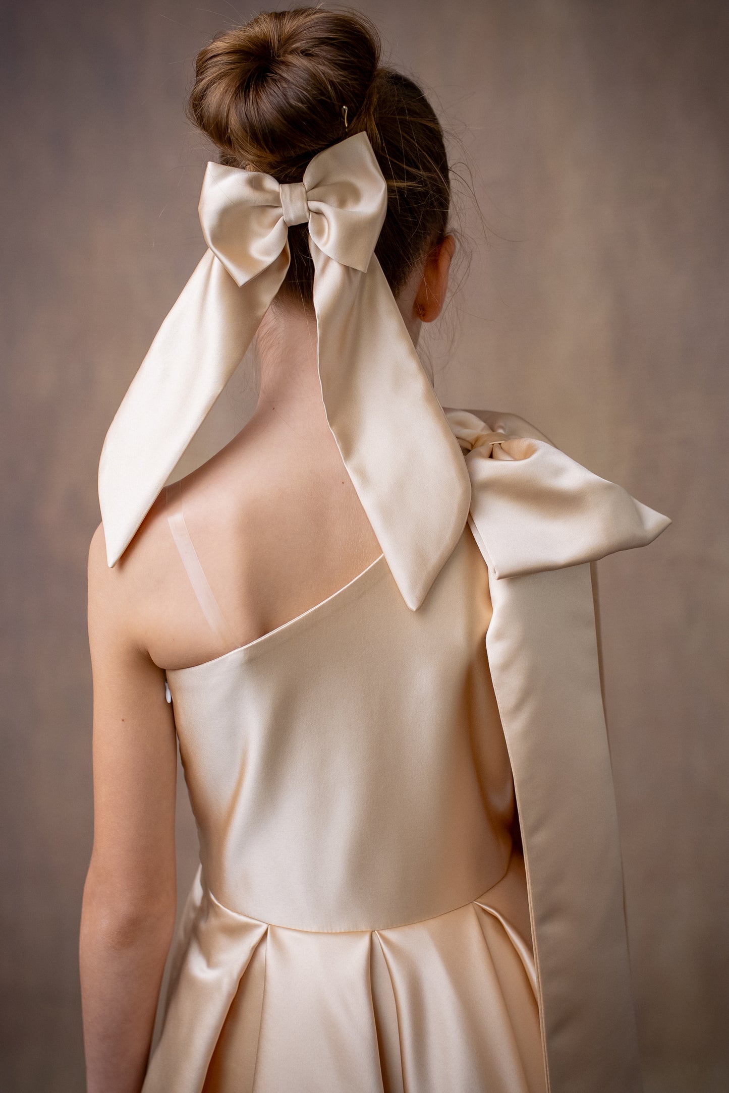 Champagne Satin One-Shoulder Flower Girl Dress with Bow & Personalized Bag Wedding Gown