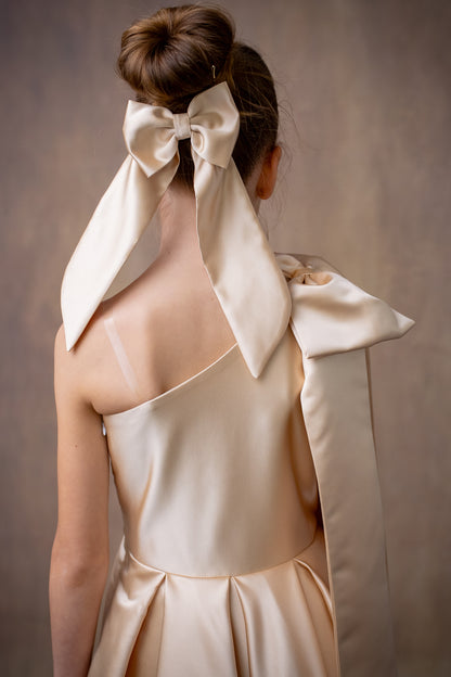 Champagne Satin One-Shoulder Flower Girl Dress with Bow & Personalized Bag Wedding Gown