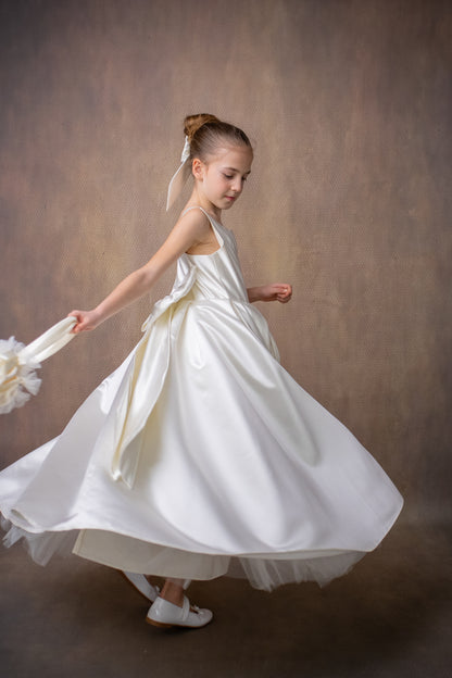 Ivory Satin Flower Girl Dress: Wedding Gown with Bow