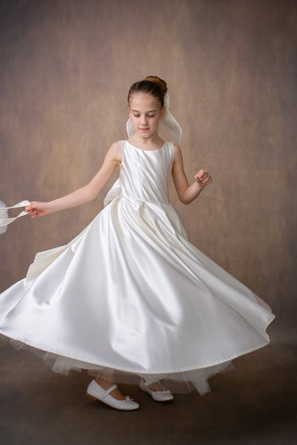 Ivory Satin Flower Girl Dress: Wedding Gown with Bow