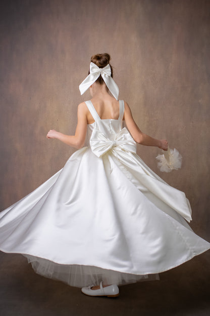 Ivory Satin Flower Girl Dress: Wedding Gown with Bow