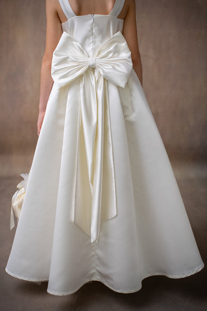 Ivory Satin Flower Girl Dress: Wedding Gown with Bow