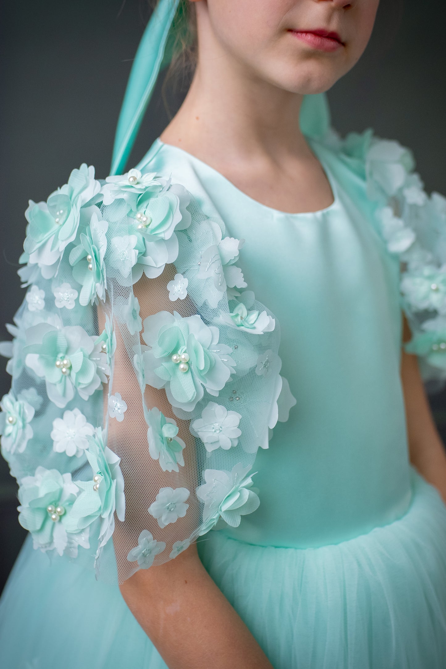 Mint Green Satin Flower Girl Dress with Flower Hairbow - Personalized Wedding Gown for Girls