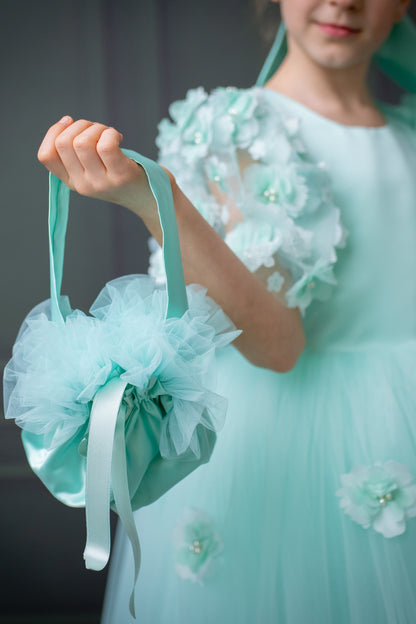 Mint Green Satin Flower Girl Dress with Flower Hairbow - Personalized Wedding Gown for Girls