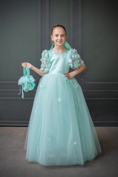Mint Green Satin Flower Girl Dress with Flower Hairbow - Personalized Wedding Gown for Girls