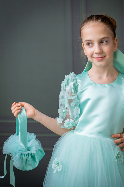 Mint Green Satin Flower Girl Dress with Flower Hairbow - Personalized Wedding Gown for Girls