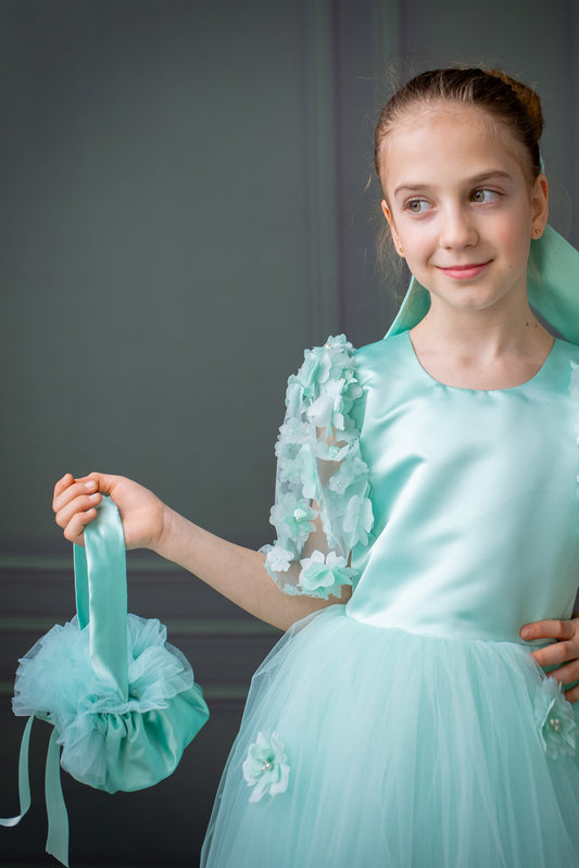 Mint Green Satin Flower Girl Dress with Flower Hairbow - Personalized Wedding Gown for Girls