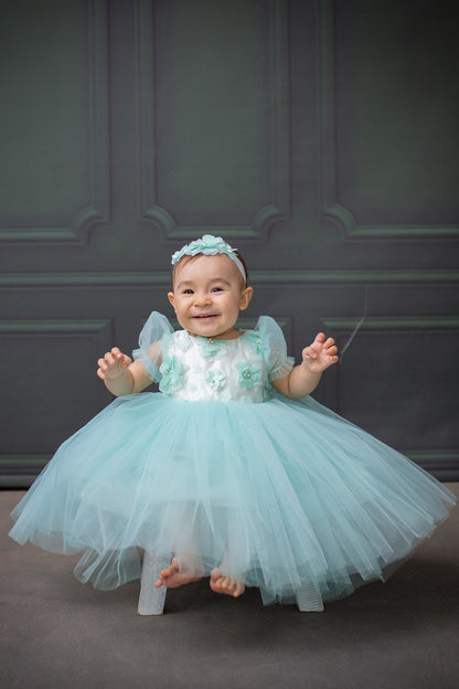 Mint Green Satin Flower Girl Dress with Flower Hairbow - Personalized Wedding Gown for Girls