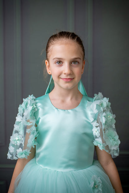 Mint Green Satin Flower Girl Dress with Flower Hairbow - Personalized Wedding Gown for Girls