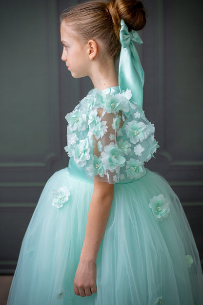 Mint Green Satin Flower Girl Dress with Flower Hairbow - Personalized Wedding Gown for Girls