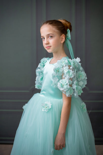 Mint Green Satin Flower Girl Dress with Flower Hairbow - Personalized Wedding Gown for Girls