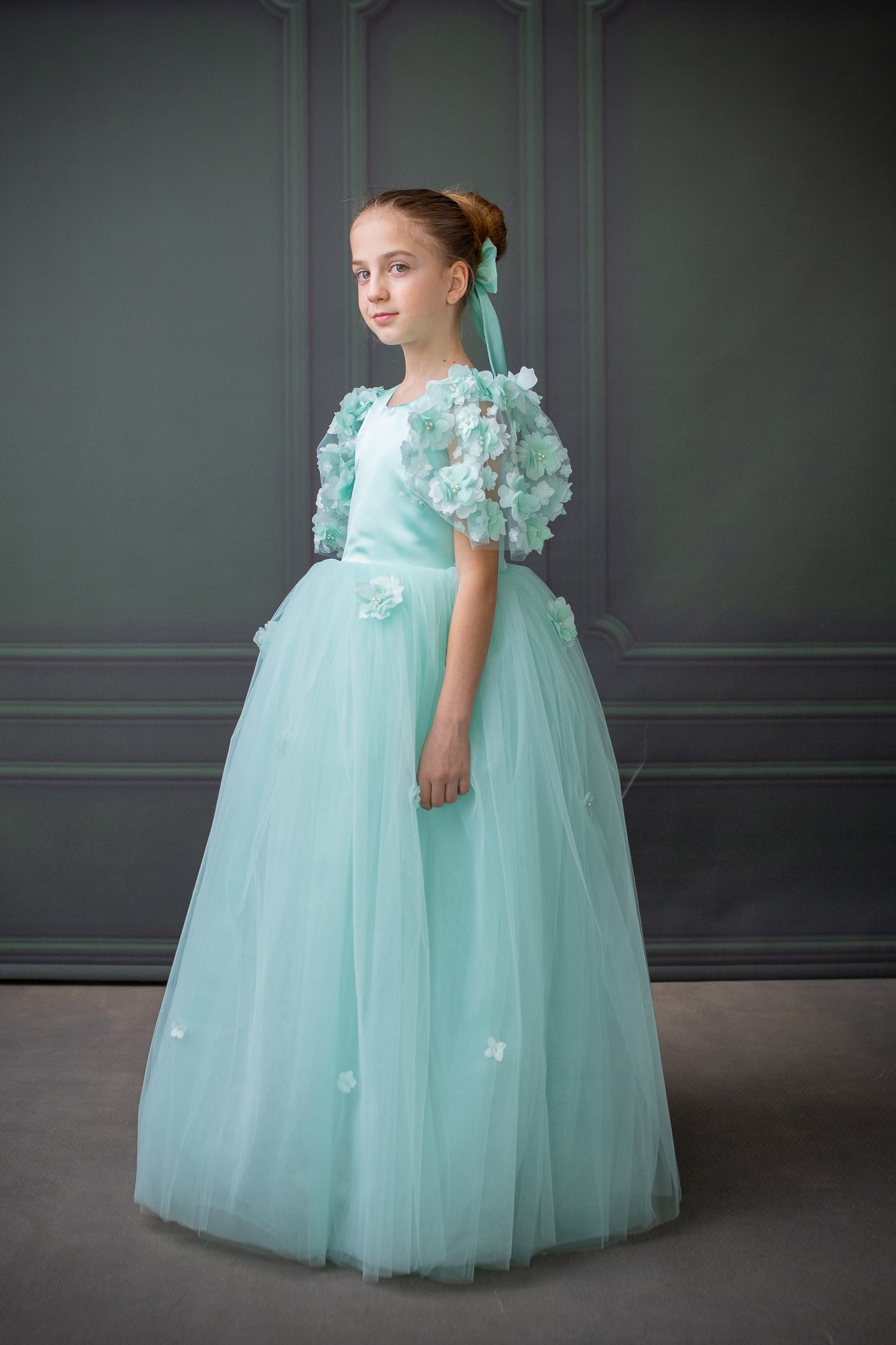 Mint Green Satin Flower Girl Dress with Flower Hairbow - Personalized Wedding Gown for Girls