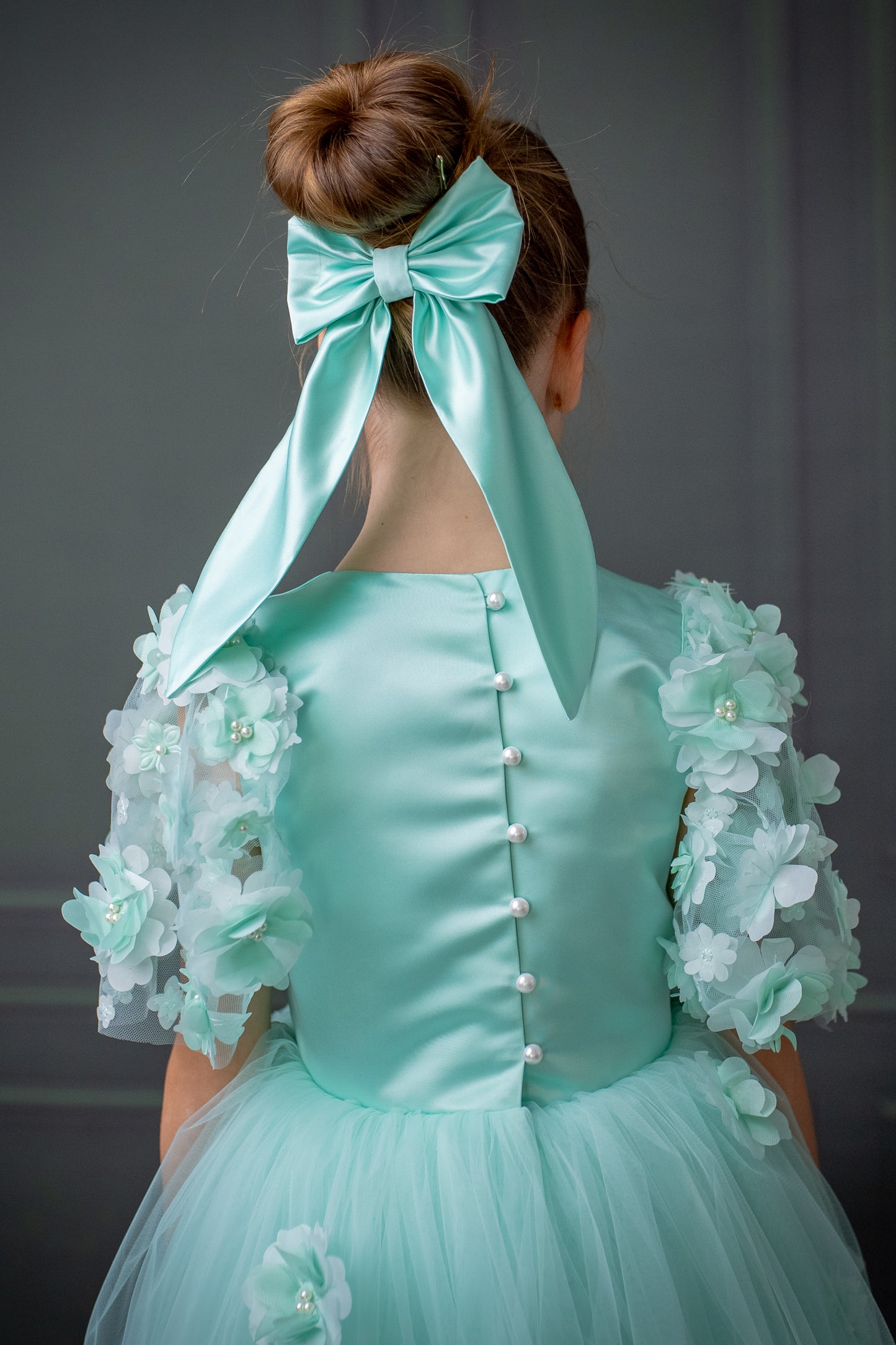 Mint Green Satin Flower Girl Dress with Flower Hairbow - Personalized Wedding Gown for Girls