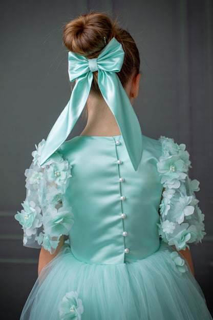 Mint Green Satin Flower Girl Dress with Flower Hairbow - Personalized Wedding Gown for Girls