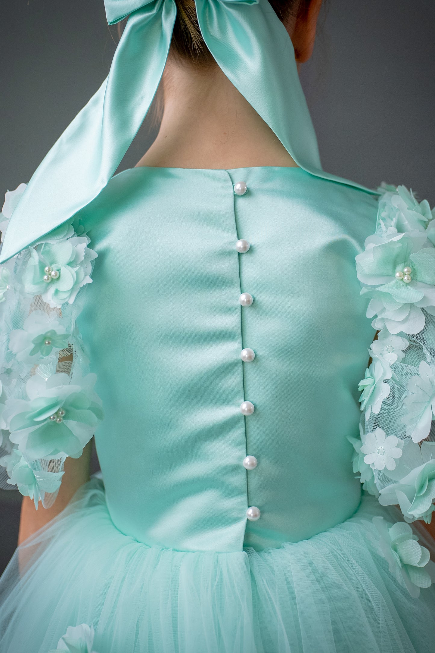 Mint Green Satin Flower Girl Dress with Flower Hairbow - Personalized Wedding Gown for Girls