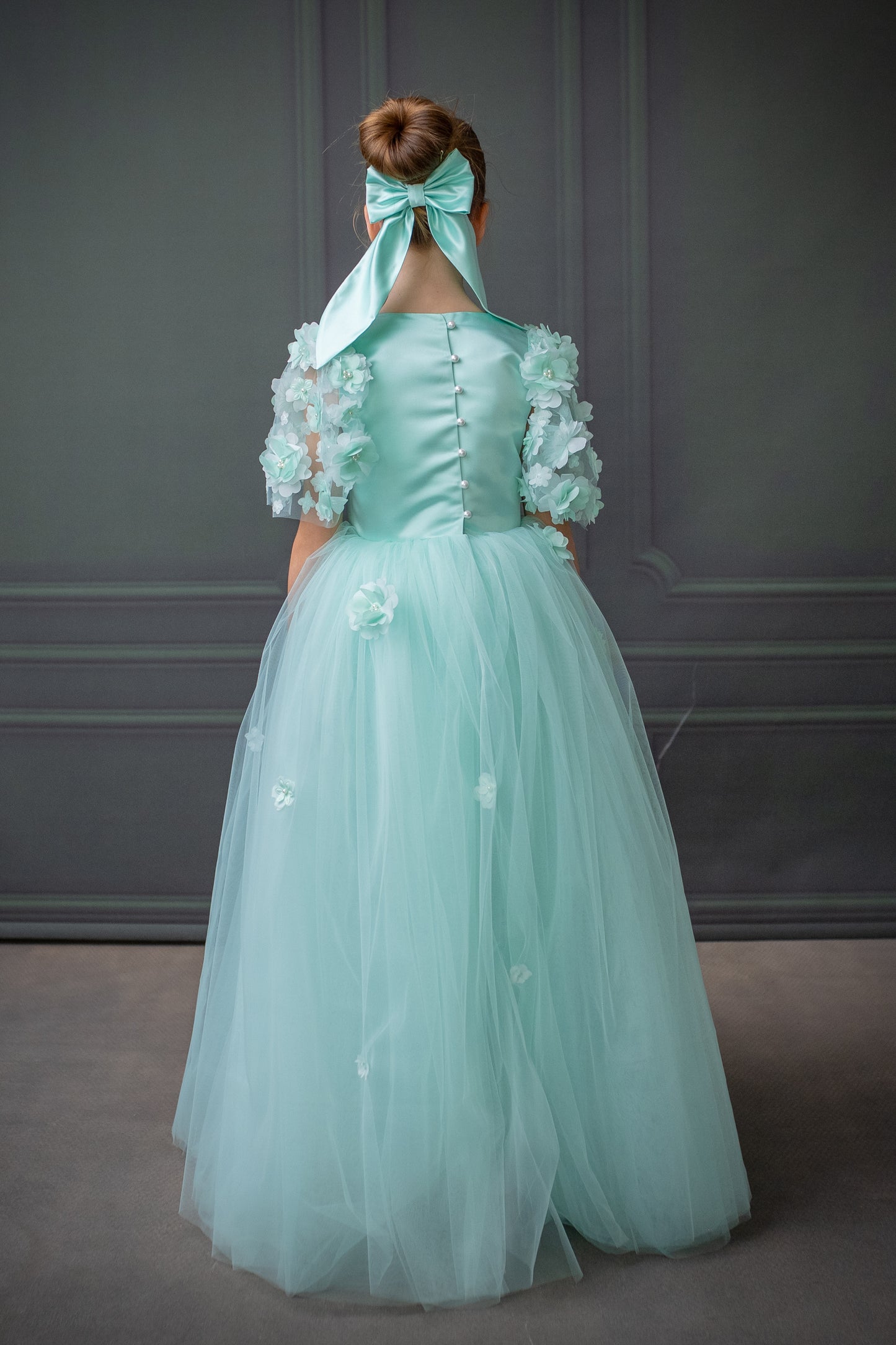 Mint Green Satin Flower Girl Dress with Flower Hairbow - Personalized Wedding Gown for Girls